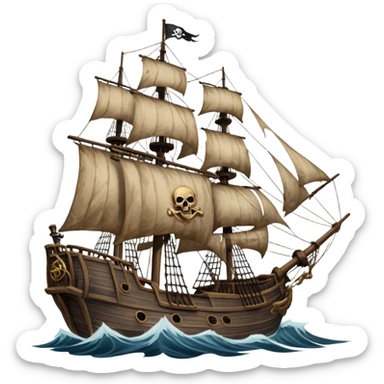 An icon representing an adventure game, inspired by high-seas exploration. The design features a fearless pirate gripping the wheel of a grand sailing ship, its tattered Jolly Roger flag billowing as it cuts through stormy waters. The scene evokes danger, treasure, and the thrill of the open sea. Transparent background. sticker