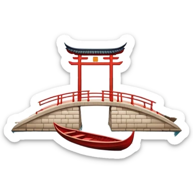 West Lake with Broken Bridge and small boat, Hangzhou, symmetrical composition, simplified emoji style with bold outlines, traditional Chinese arch bridge over water with a small wooden boat beneath sticker