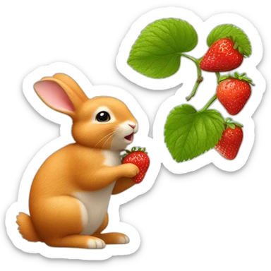 A little ginger bunny reaching up on its hind legs and eating a strawberry off a small branch sticker