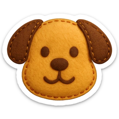 <StylePrompt>
  <Name>Felt Appliqué Plush Style</Name>
  <Description>A soft, handcrafted look inspired by plush felt fabric with visible stitching and a padded 3D texture, rendered on a solid black background.</Description>
  <VisualProperties>
    <Material>Felt</Material>
    <Texture>Soft, fuzzy, with slight fiber detail</Texture>
    <Stitching>
      <Type>Thick thread</Type>
      <Color>Orange or slightly darker tone than fabric</Color>
      <Pattern>Uniform running stitch along outer edge</Pattern>
    </Stitching>
    <Padding>High, plush-like 3D depth</Padding>
    <Edges>Rounded corners</Edges>
    <ColorPalette>
      <Primary>Warm yellow/orange tones</Primary>
      <Accent>Brown or dark orange for facial features and outline</Accent>
      <Background>Black</Background>
    </ColorPalette>
  </VisualProperties>
  <Rendering>
    <Lighting>Soft, even studio lighting</Lighting>
    <Shadows>Subtle drop shadows for depth</Shadows>
    <Perspective>Flat front-facing, symmetrical if applicable</Perspective>
  </Rendering>
  <Applicability>
    <SubjectType>Any object, animal, or letterform</SubjectType>
    <OutputFormat>Icon, emoji, patch-style graphic</OutputFormat>
  </Applicability>
</StylePrompt>

{subject} = dog sticker