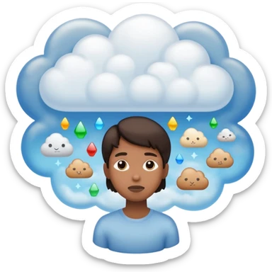 the items in the clound dont u underst<nd so it looks like hes thinking about that  sticker