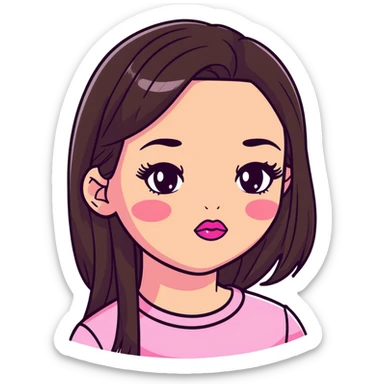 girl with lighter skin, dark brown long straight hair, pouty shiny lips with pink lip gloss, large eyes with eyelashes, pink blush on cheeks, inner eye highlighted with white eyeliner, lighter button nose, long oval-shaped face sticker