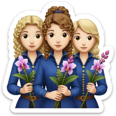 3 female musketeers, one with brown curly hair, one with straight blond hair, one eith blond hair on pony tail, all holding orchids sticker