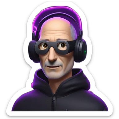 Steve Jobs wearing a black hoodie with "OMG" letters on it and VR headset in a cyberpunk VR environment with violet neon lighting. sticker
