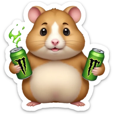 Funny cartoon-style fat hamster with big wide eyes  holding a can of monster energy in one hand and redbull in the other hand sticker