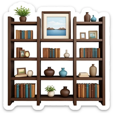 Wooden shelving unit with books and decorative items sticker