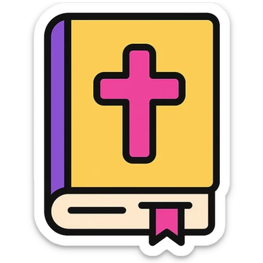 closed Bible with a pink cross on the cover, color outline icon style, simple and minimal sticker