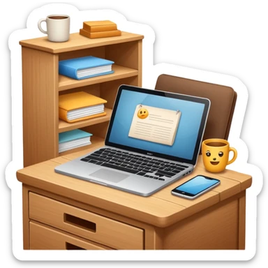 emoji of a cozy desk with a paper and a laptop on it sticker