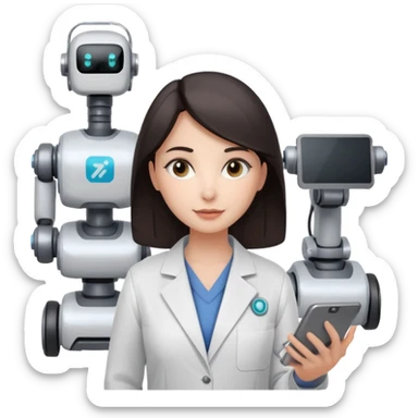 female AI robotics engineer with dark hair, and mobile robot near sticker
