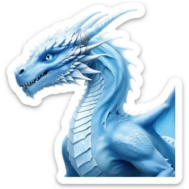 Cinematic Noble wise elegant Ice Dragon Portrait Emoji, Poised and imposing, distinct long elegant snout, with a slender, scaled body shimmering in glacial hues of icy blue, frostbitten silver, and crystalline white, breathing out frost, with piercing, glowing ice blue white eyes that radiate the chilling depths of an arctic storm; rendered in detail. Breathing out a frost mist sticker