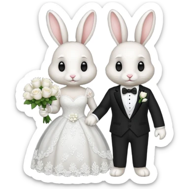 a couple bunnies, one in a wedding dress and a bouquet of white roses. The other one in a suit  sticker