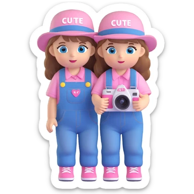 3D cartoon character design of a cute baby girl with golden brown hair, big blue eyes, pink blush, wearing denim overalls with the word 'cute' printed on her clothes, a cute hat, big head and small body, holding a camera, front view sticker