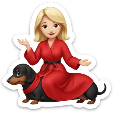 A blonde curvy woman riding on top of a black mini-dachshund wearing a red robe sticker