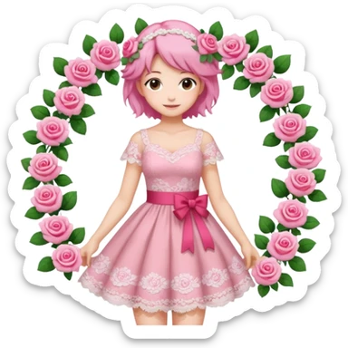 pastel anime woman with pink and white lace dress full body and roses in hair sticker