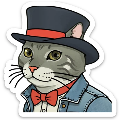 Cat in a Jean jacket wearing a top hat sticker