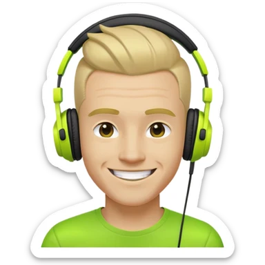 yellow-skinned guy head with slicked back black undercut hair and neon green headphones, smiling sticker