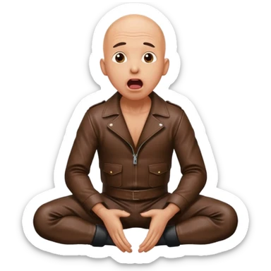 Bald man in leather on his knees, frightened with his tongue out, looking up sticker