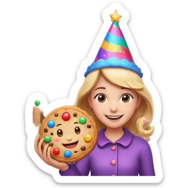 Exterior of a magical cookie factory with a swirling portal above the roof, cookies flying in from different dimensions, glowing runes on the walls, emoji-style sticker