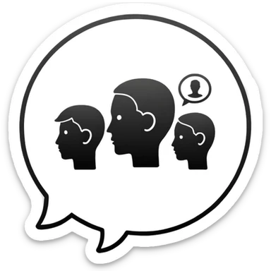 Minimalistic flat vector icon, iOS style, thin black contour on white background. Human head with speech bubble and small group of people silhouettes listening. Clean, no text, no shadows sticker