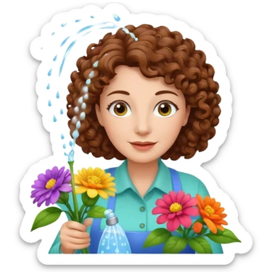 Older female florist – curly hair, spraying water on fresh flowers sticker