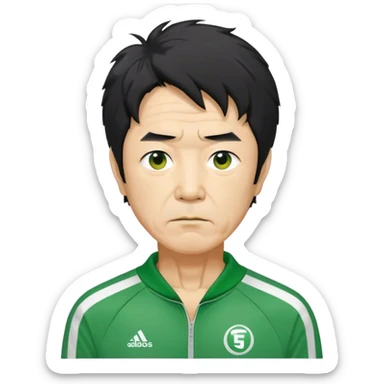 Seong Gi-hun : age 60, slim man with messy, unkempt black hair, Green player tracksuit,  sticker