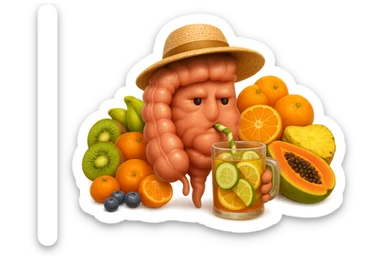 EMOJI STILE IPHONE DI INTESTINO UMANO REALISTICO CON CAPPELLO DI PAGLIA DA SPIAGGIA CHE BEVE UN Tè FREDDO IN BICCHIERE DI VETRO CON DENTRO  fette di cetriolo, limone, lime, DIETRO L'INTESTINO C'è UNA MONTAGNA DI PEZZI DI FRUTTA: Kiwi
Banana acerba
Arance e mandarini
Mirtilli
Ananas
Papaya
IPERREALISTICO 4K sticker
