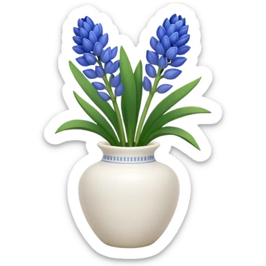 A small white ceramic vase holding a delicate blue hyacinth with soft green leaves — simple, elegant, and calming in a cozy, minimalist style. sticker