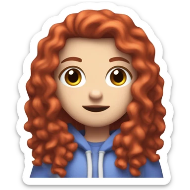 a white girl with long red curly hair, wearing periwinkle Minecraft hoodie playing a videogame sticker