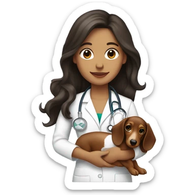 Brunette Medical worker holding a longhaired dachshund sticker