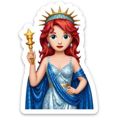Lady Liberty from Film Studios with red wavy hair, white sequin gown, blue sequin drape sticker