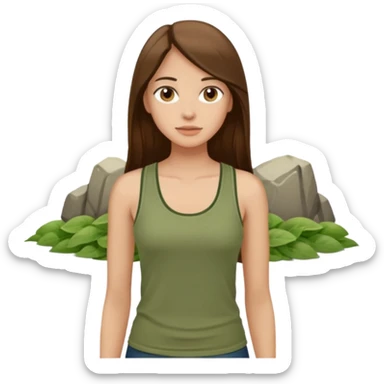 Woman with long straight, brown hair, brown eyes wearing a sage green tank top outside sticker