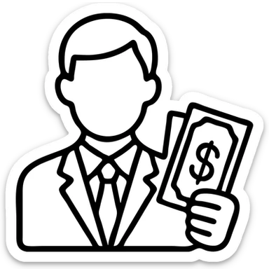 Business man holding dollar bills, wealthy person with cash sticker