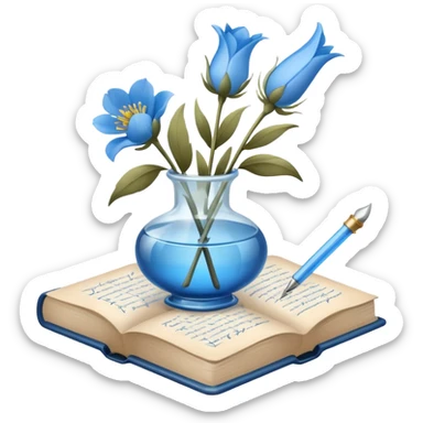 antique blue book, soft blue flowers in a glass vase, writing quill, simple small icon, iOS emoji sticker