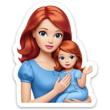 A barbie girl with makeup with brown hair with a baby, a daughter, a girl with red hair, holding her hand in blue clothes sticker