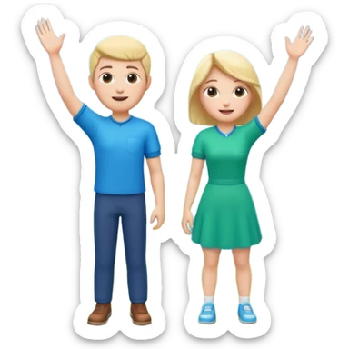 A 3D cartoon couple on top of a hill raising hands in victory, sunny sky and nature background, Memoji-style. sticker