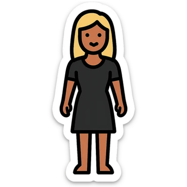Asian woman with tanned skin, mid-long blonde hair, black dress, standing pose, color outline icon style sticker