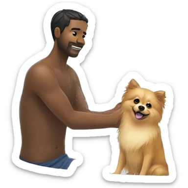 A man washes in the shower with a Pomeranian dog sticker
