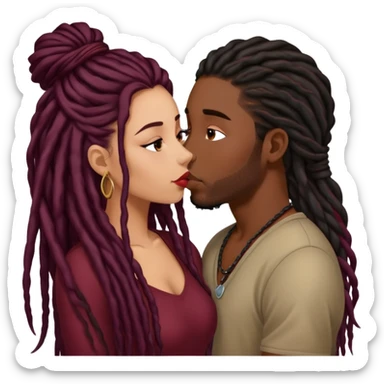 Dark Wine colored hair Latina long hair, kissing young black guy with dreads sticker
