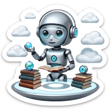 “A futuristic library floating in the clouds, filled with glowing books and holographic screens, with a friendly robot librarian.” sticker