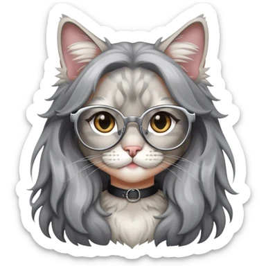 a silver based Maine Coon cat holding a black hair glasses girl sticker
