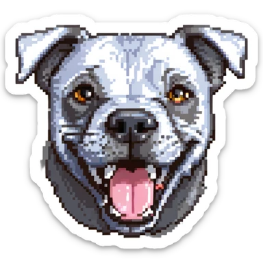 round circle puppy head only, full grey bleu staffy, big open mouth, big tongue out, stupid expression sticker