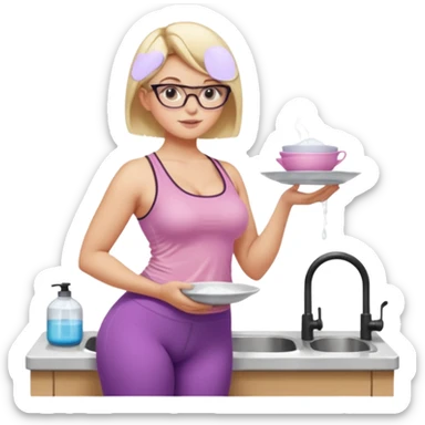 Seductive, Curvy fair skinned woman, short blond hair, small light purple reading glasses, washing dishes, SFW sheer pink tank top, without undergarments showing natural breast shape SFW, black yoga pants, thick booty sticker