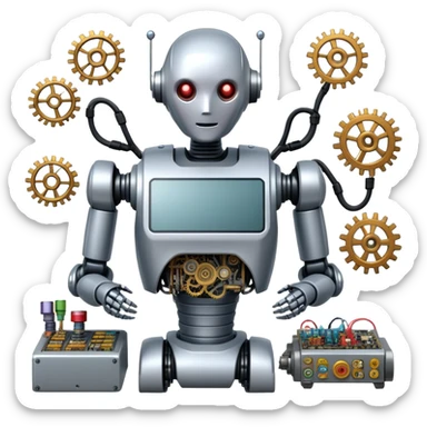 An icon featuring a humanoid robot assembling parts with robotic arms, surrounded by gears, circuit boards, and sensors, symbolizing robotics. The design includes a control panel and AI interface, representing automation, engineering, and innovation. Transparent background. sticker