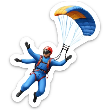A base jumper soaring through the air, parachute deployed, flying off a steep mountain peak. The background is filled with majestic mountains, clear blue sky, and distant clouds, capturing the exhilarating thrill and beauty of extreme sports. sticker