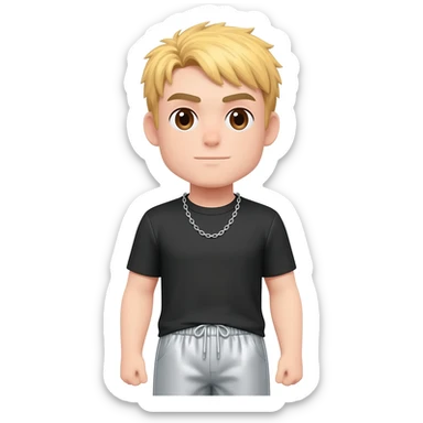 8-BitRyan with brown eyes, blonde hair, black metallic t-shirt, light grey metallic baggy pants, silver necklace sticker