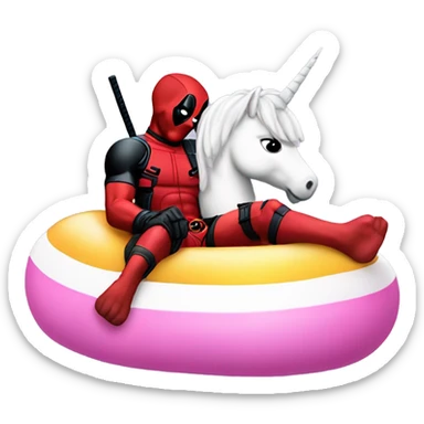 Deadpool chilling on a unicorn floatie sticker