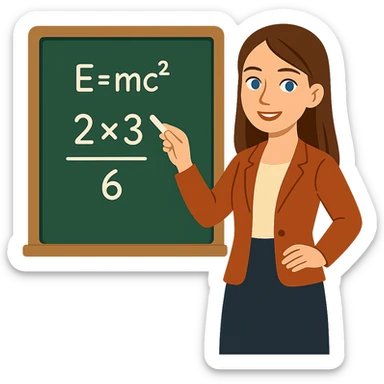 flat toon style female math teacher, brown straight hair, blue eyes, Caucasian, no glasses, at chalkboard sticker