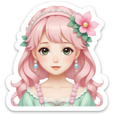 Gorgeous anime style lady with blushing face and accessories cottagecore fairycore Kawaii anime colorful pearly romantic aesthetic trending style sticker