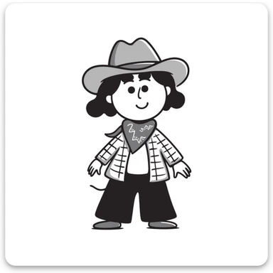 A hand-drawn plush cowgirl toy with a bandana, hat and a cute smile sticker