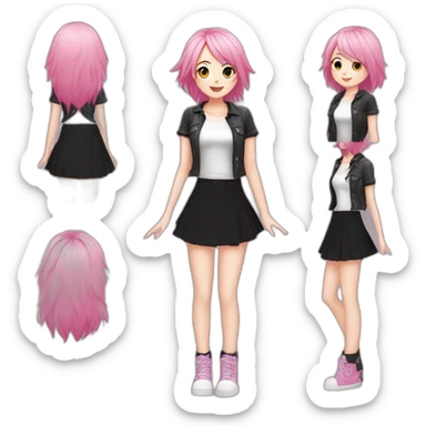 Full body Front view curvy emo girl pink hair sits on the floor straight view hands up black skirt белые трусики полосатые рваные чулки sticker